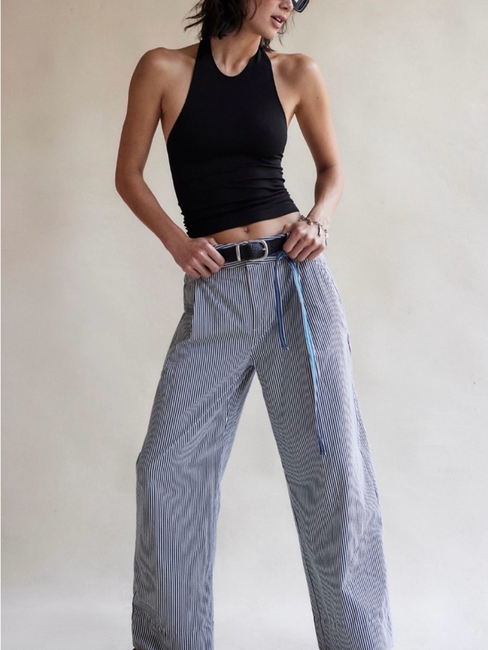 Free People Buckle Back Stripe Trousers Wide-Leg Pinstripe Pants in Navy/White